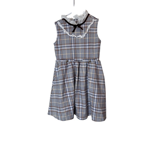 Janie and Jack Dress Girls 7 Blue Brown Plaid Sleeveless Ruffle Collar Holiday - Picture 1 of 8